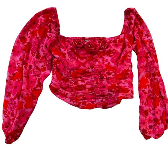Free People Pink and Red cropped runched Floral Blouse XS - Picture 2 of 8